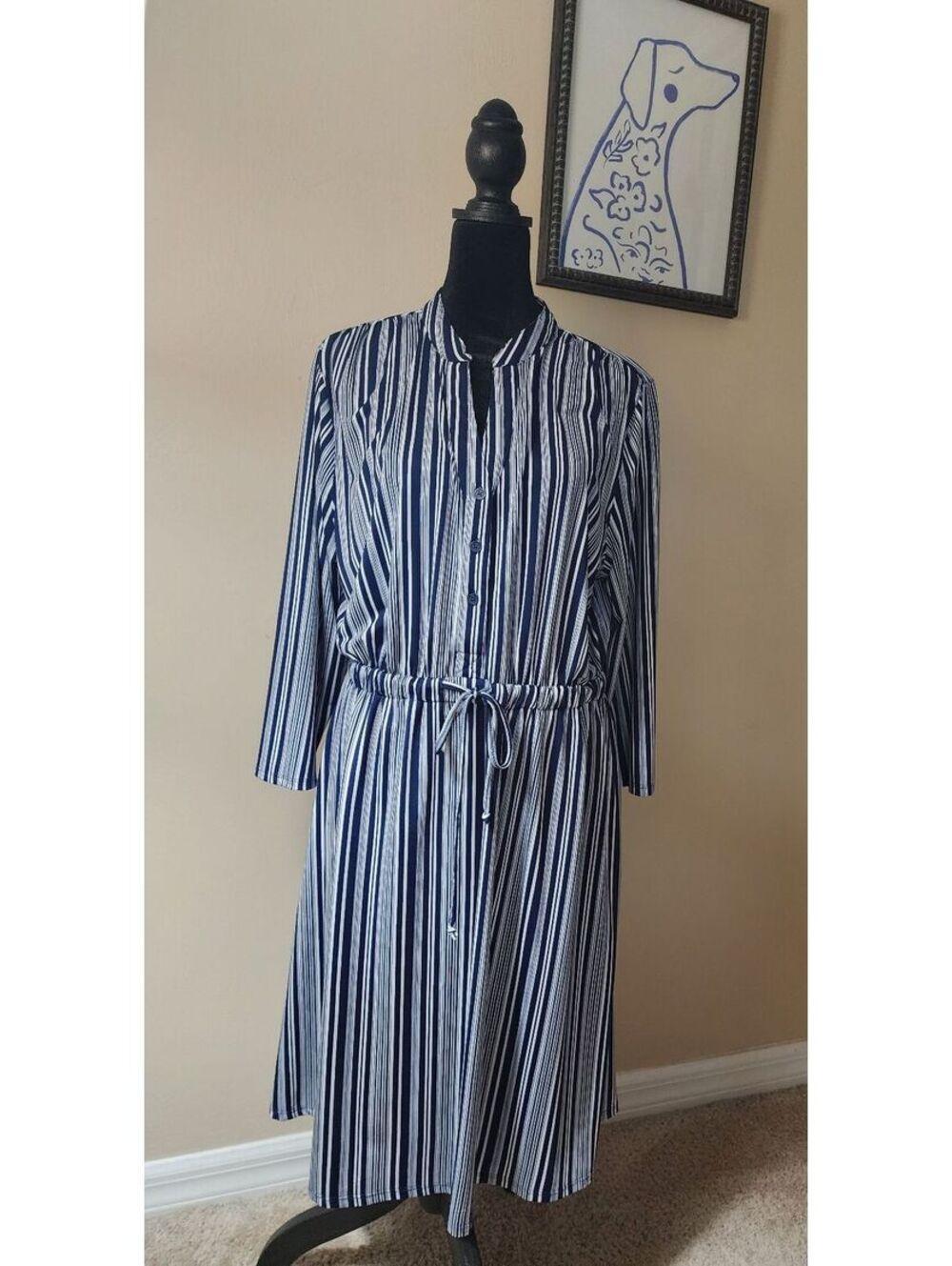 Robert Louis XL Women's Navy Striped Dress, Drawstring Waist, Long Sleeve